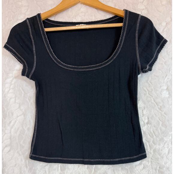 Free People Lot of 2 Short Sleeve Crop Tops Cream Henley / Black Scoop XS / S - Picture 4 of 16